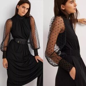 NWT Boden Black Midi Dress with Sheer Polka Dot Sleeves